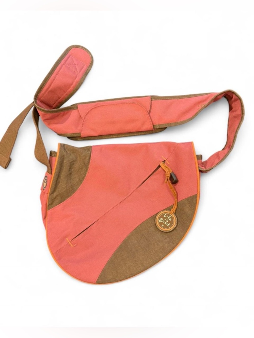 LIFE IS GOOD “smile sling”. Pink/mauve and brown combo, no longer available.